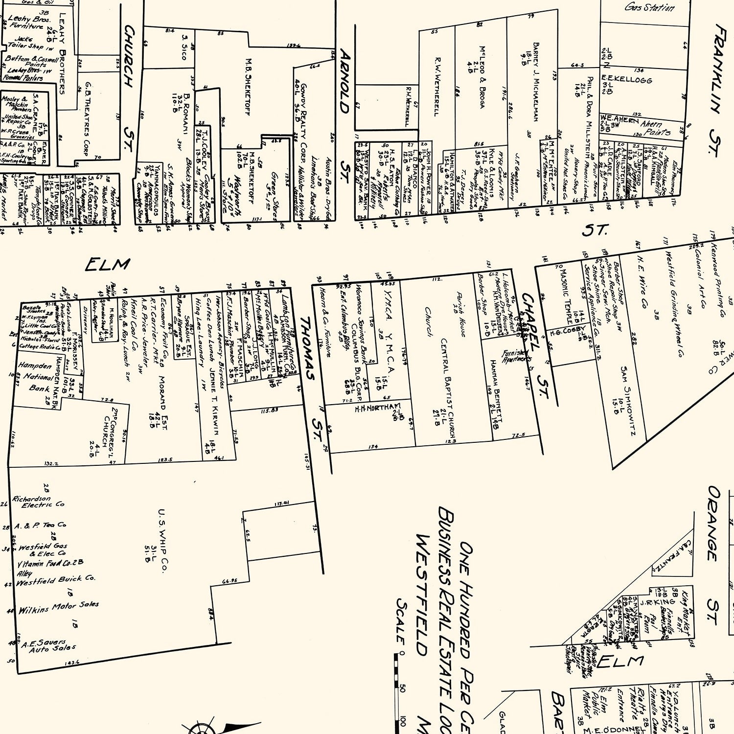 Vintage Map of Westfield, MA Business Section 1929