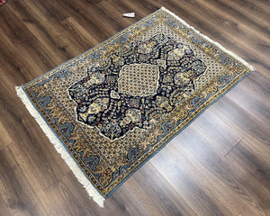 Fine Persian Qum Rug 3x5, Semi Antique Vintage Oriental Ghom Carpet, Floral Medallion, Highly Detailed, Hand Knotted, Navy Blue, Wool Area Rug, Birds