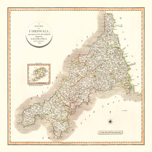 Vintage Map of Cornwall County England, 1806
