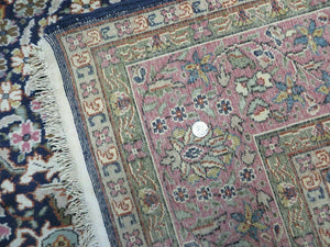Turkish Sivas Rug 7x11, Navy Blue & Pink, Millifluer Floral Wool Carpet, Vintage