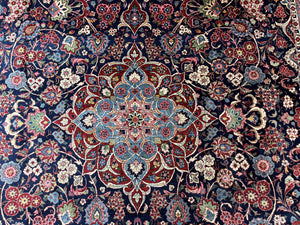 Navy Blue Persian Rug 9x12, Antique Persian Carpet, Kork Wool, 200 KPSI, Persian Kashan Rug