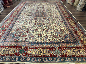 Persian Mashad Rug 10x16, Palace Size Handmade Wool Carpet, Cream Red, Floral Medallion, Vintage