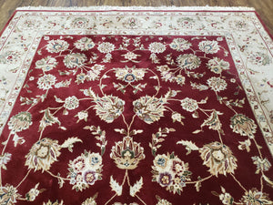 Vintage Traditional Oriental Area Rug, Hand-Knotted, Wool & Silk Accents, Maroon Red and Beige, 6x9 Carpet, 5' 9" x 9'