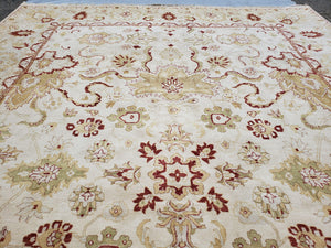 Vintage Oushak Area Rug, Hand-Knotted, Wool, Cream Beige Maroon, 10x15 Rug, 10x14 Rug, Large Oriental Carpet