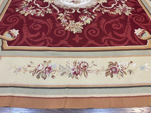 Large Aubusson Rug 10x14, Wool Handmade Vintage Carpet, Dark Red Ivory Tan, French European Elegant Aubusson Weave Rug