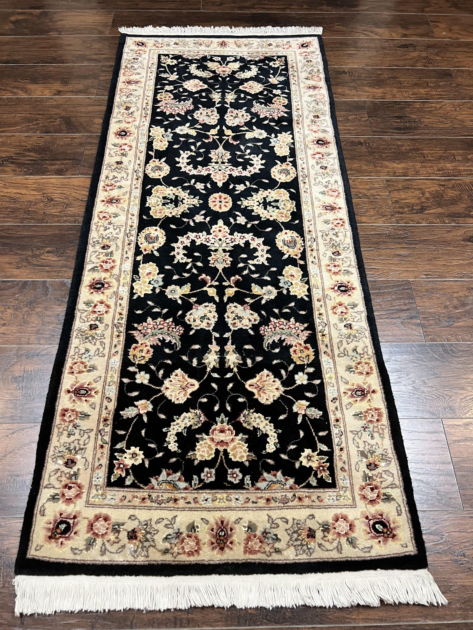 Sino Persian Short Runner Rug 2.7 x 6, Wool and Silk Highlights Black and Beige Handmade Vintage Floral Allover Oriental Carpet, Hallway Rug