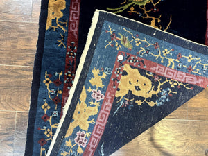 Antique Chinese Peking Rug 3x6, Dark Blue, Bird Motif, Handmade Wool Art Deco Asian Oriental Carpet, Pair A