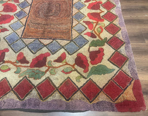 Vintage American Hooked Rug 6x7, Unique Colors, Red Lavender Cream, Abstract