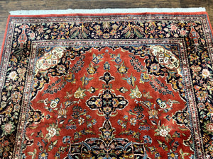Indo Persian Rug 7x10, Vintage Handmade Wool Carpet, Floral Medallion Traditional Rug, Red and Midnight Blue