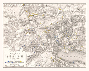 Vintage Map of the Battle of Zurich, 1799