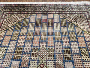 Sino Persian Silk Rug 6.4 x 9.9, Very Fine Hand Knotted Carpet, Panel Design Multicolor, Silk Pile on Silk Foundation, Handmade Vintage