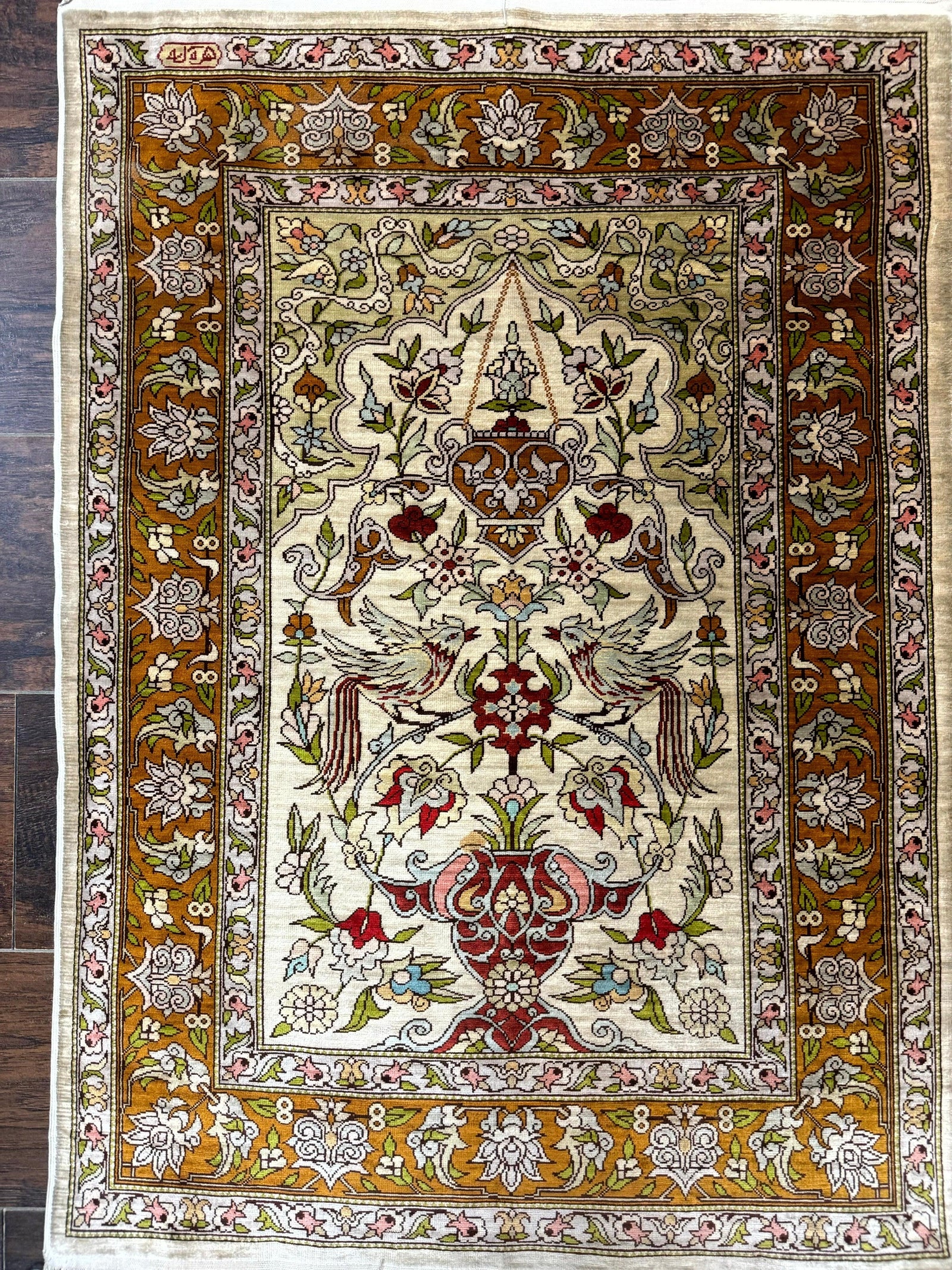 Silk Turkish Hereke Rug 2x3, Birds Lantern Very Fine 400 KPSI, Signed by Masterweaver, Wonderful, Rare, Small Hereke Rug