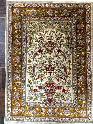 Silk Turkish Hereke Rug 2x3, Birds Lantern Very Fine 400 KPSI, Signed by Masterweaver, Wonderful, Rare, Small Hereke Rug