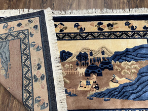 Antique Chinese Pictorial Rug 2.7 x 5, Chinese Village and Hills Carpet, Beige and Dark Blue, Handmade, Horizontal Rug Wall Hanging Tapestry