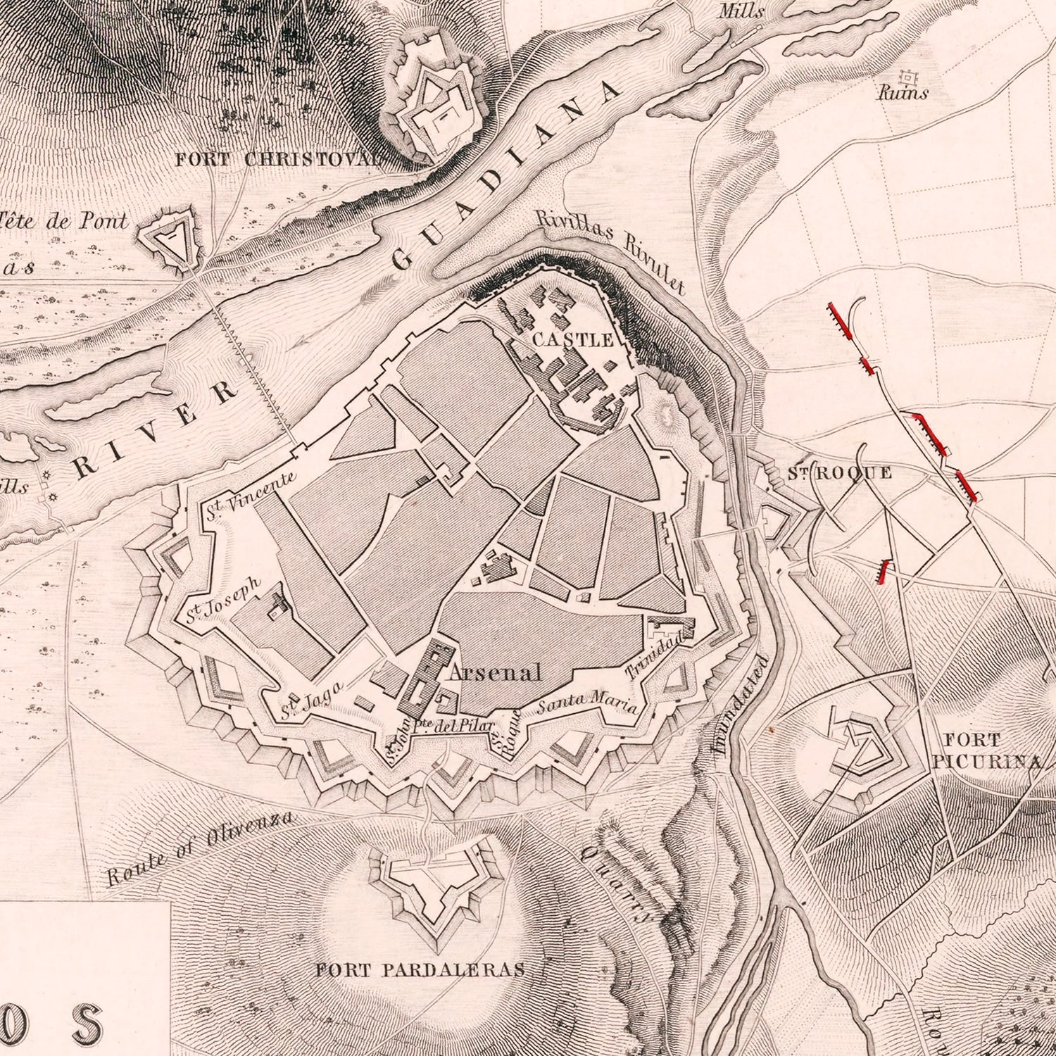 Vintage Map of the Siege of Badajos, 1812