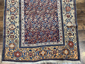 Persian Senneh Rug 4x8, Wool Hand Knotted Antique Kurdish Carpet, Navy Blue Oriental Area Rug, 4 x 8 Rug