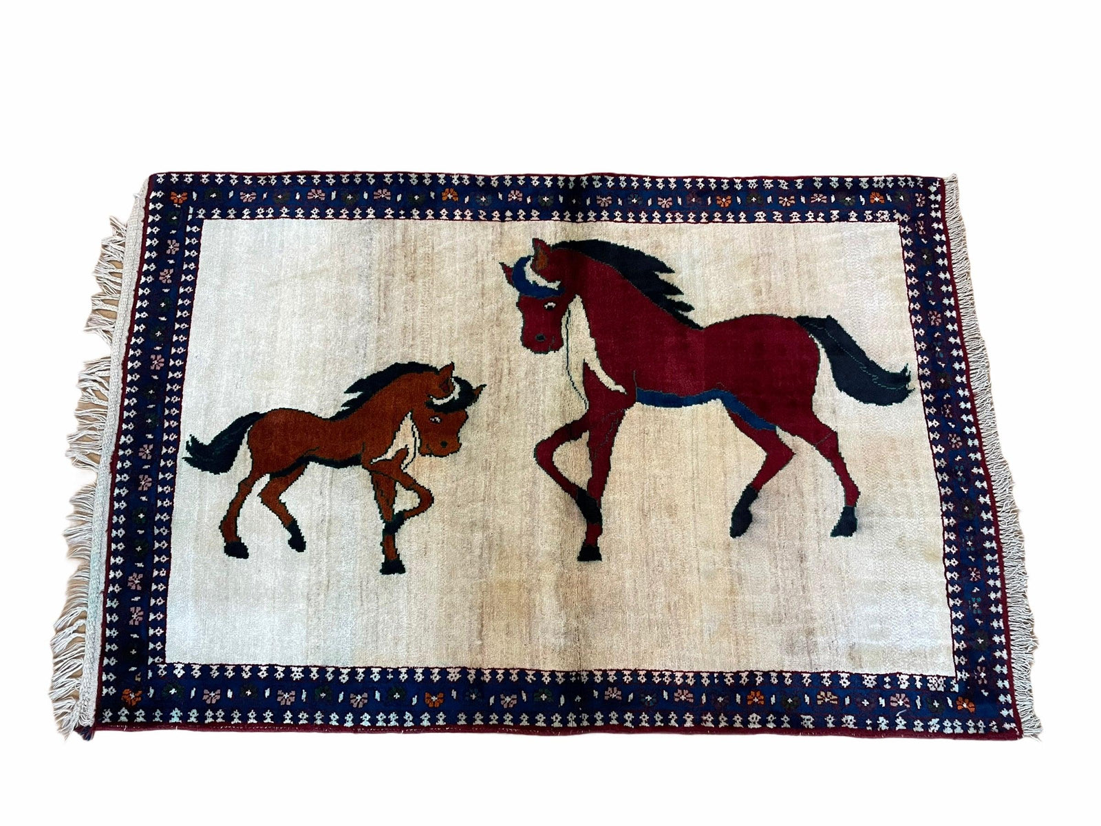 3.5 X 5 Handmade Hand-Knotted Quality Wool Pictorial Brown Horses Animal Rug