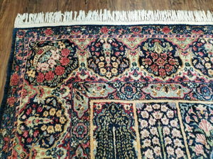 Persian Rug 10x15, Authentic Oriental Carpet 10 x 15, Wool Area Rug Panel Design Hand-Knotted Vintage Kirman Yazd Rug, Dark Blue and Beige,  Floral