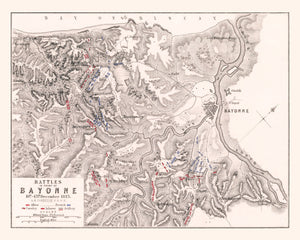 Vintage Map of the Battles In Front of Bayonne, 1813