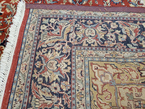 Vintage Indo Persian Oriental Rug 6 x 9.6, Wool Hand-Knotted Red Dark Blue & Gold Indian Carpet, 6 x 9 Office Room Rug, Floral Medallion