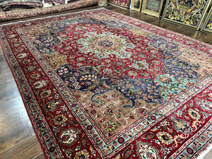 Wonderful Persian Tabriz Rug 10x14, Antique Persian Carpet, Handmade Wool Rug, Floral Medallion, Red Navy Blue, Colorful, Large Persian Area Rug
