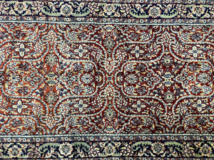 Indo Persian Rug 4x7, Allover Floral Oriental Carpet, Red and Navy Blue, Hand Knotted Indian Kashmiri Traditional Vintage Area Rug 4 x 7 ft