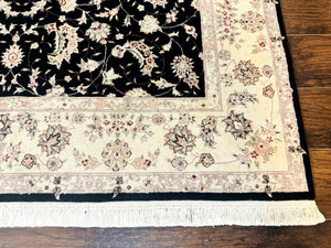 Sino Persian Rug 6x9, Black and Ivory, Wool and Silk Highlights, Handmade