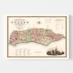 Vintage Map of Sussex England, 1829