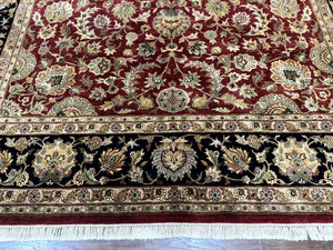 Indian Agra Rug 10x14, Traditional Oriental Carpet, Room Sized Wool Area Rug, Floral, Maroon