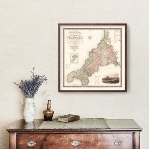 Vintage Map of Cornwall England, 1829