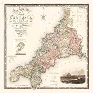 Vintage Map of Cornwall England, 1829