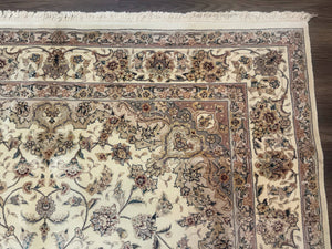 Sino Persian Rug 6x9, Floral Medallion, Ivory & Taupe, Wool with Silk Highlights, Fine 210 KPSI