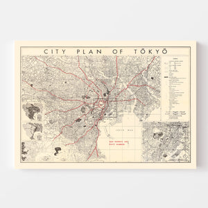 Vintage Map of Tokyo, Japan 1945