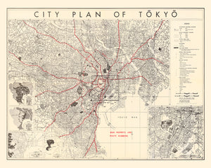 Vintage Map of Tokyo, Japan 1945