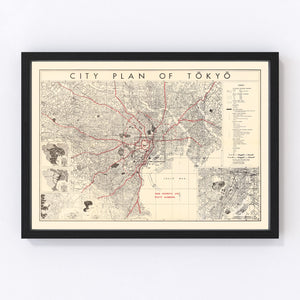 Vintage Map of Tokyo, Japan 1945