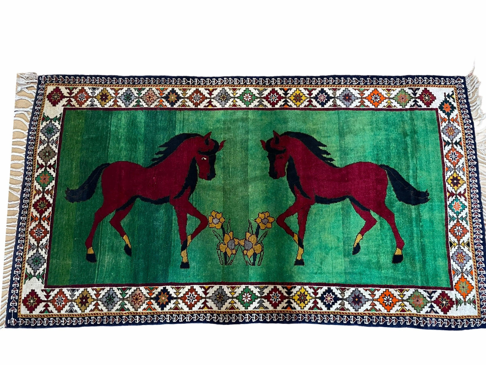 4 X 7 Handmade Rug Zagros Quality Wool Pictorial Horses Green Butterfly Colorful