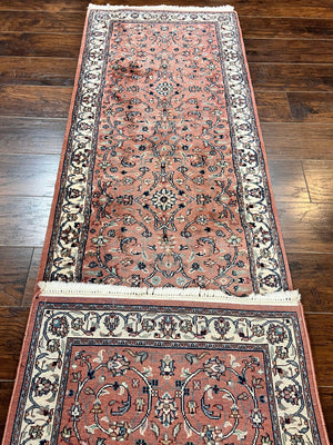 Indo Persian Runner Rug 2.6 x 10, Wool Hand Knotted Vintage Oriental Carpet, Pink & Ivory, Floral Allover, Hallway Rug