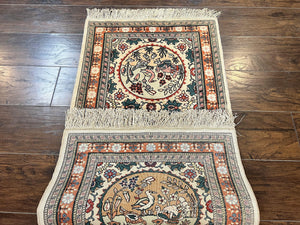 Silk Turkish Rug 2x4, Fine Handmade Oriental Rug, Animal Pictorial Birds Silk Pile on Silk Foundation Vintage Hand Knotted Hereke Carpet
