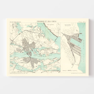 Vintage Map of Stockholm, Sweden 1883
