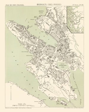 Vintage Map of Bergen, Norway 1885