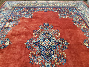 Semi Antique Persian Sarouk Rug 9x12,  Semi Open Field with Central Medallion, Hand Knotted Wool, Tomato Red, 9 x 12 Authentic Oriental Carpet