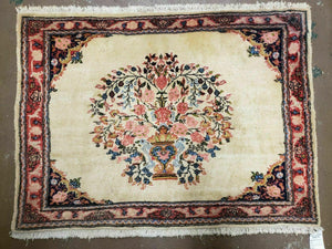 2' 7" X 3' 6" Antique Rug Hand Knotted Pictorial Wool Oriental Flowers