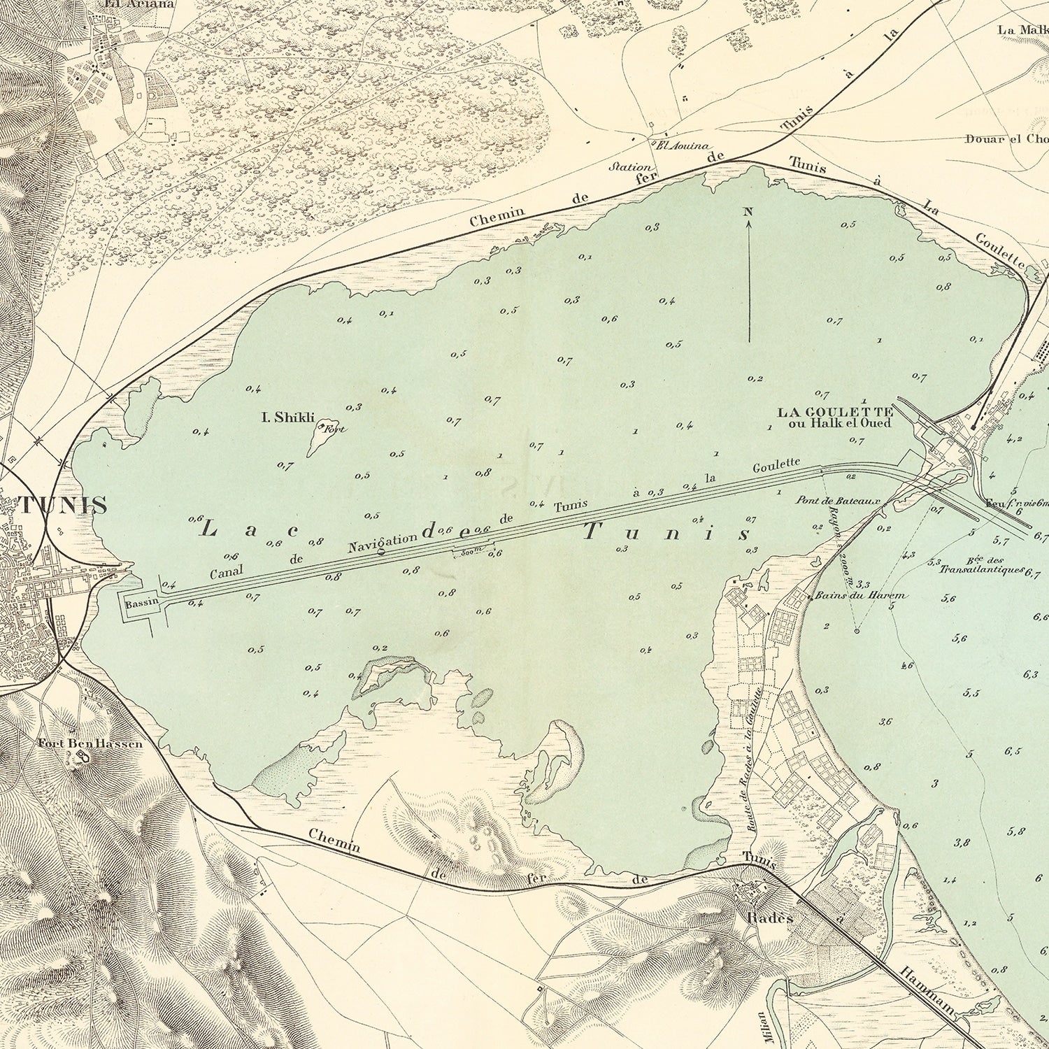 Vintage Map of Tunis, Tunisia 1888