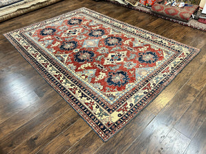 Turkish Heriz Rug 7x10, Wool Hand Knotted Handmade Room Sized Oriental Carpet, Red & Ivory, Vintage Geometric Oriental Rug 7 x 10 ft