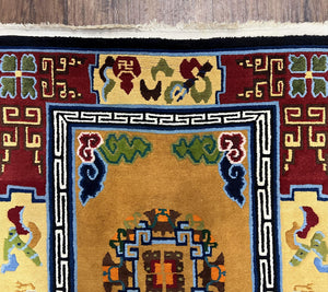 Vintage Chinese Art Deco Rug 3x6, Orange Dark Blue Maroon Chinese Peking Carpet, Asian Oriental Wool Rug, Bold Colors, Bedroom Rug, Hallway
