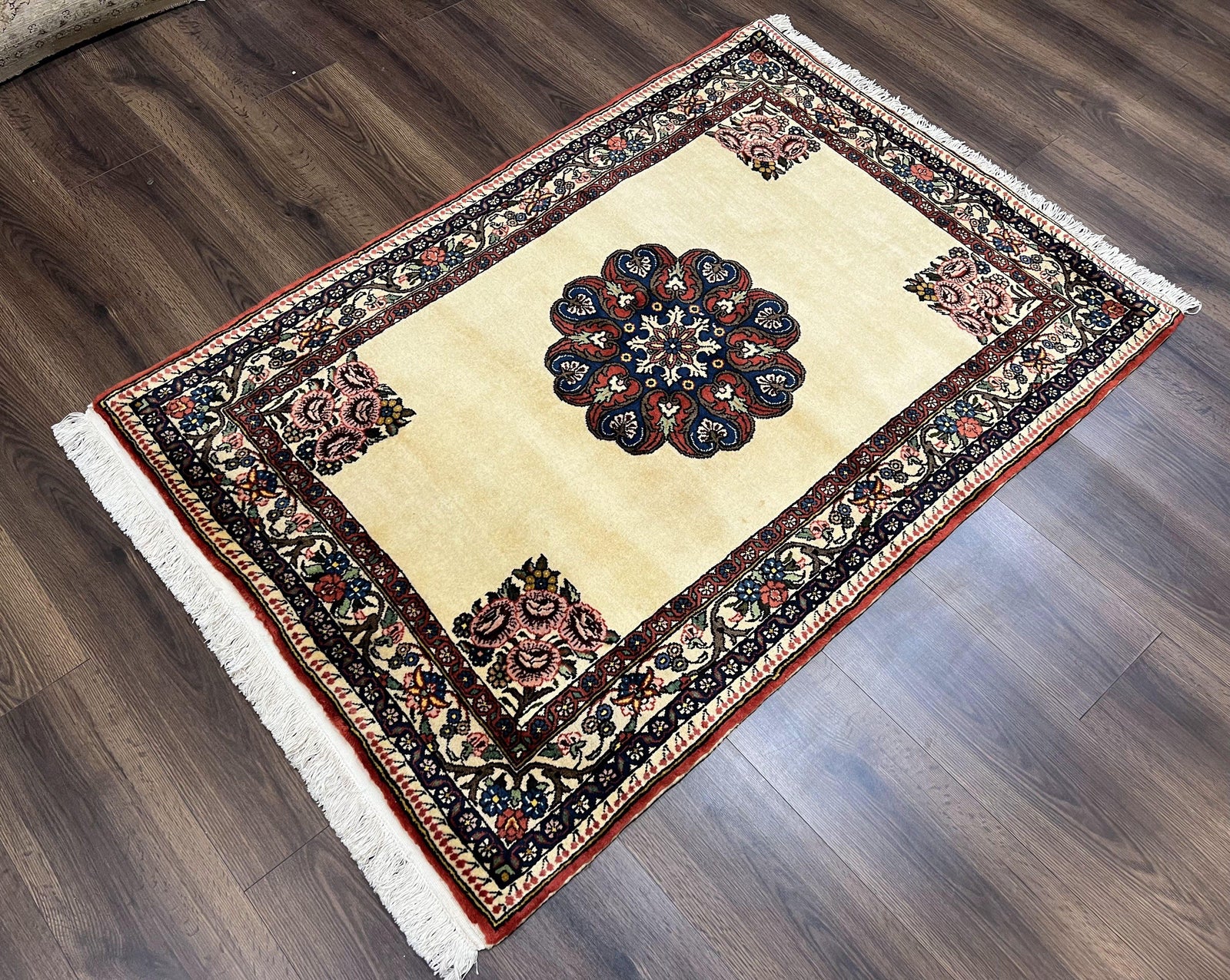 Persian Bidjar Rug 3x5, Open Field Medallion, Hand Knotted, Ivory/Cream Red Blue, Wool Oriental Bijar Carpet, 3 x 5 Vintage Area Rug, Floral Roses, Fine