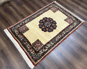 Persian Bidjar Rug 3x5, Open Field Medallion, Hand Knotted, Ivory/Cream Red Blue, Wool Oriental Bijar Carpet, 3 x 5 Vintage Area Rug, Floral Roses, Fine