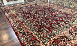 Persian Sarouk Rug 12x17, Wool Hand Knotted Antique Carpet, Dark Red, Traditional Floral Oriental Rug, 12 x 17 Extra Large Handmade Rug