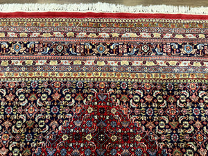Indo Persian Bidjar Rug 10x14, Red and Dark Blue, Herati Mahi Pattern, Vintage