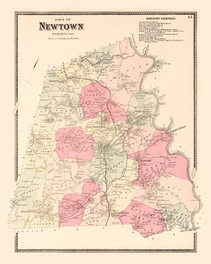 Vintage Map of Newtown, Connecticut 1867
